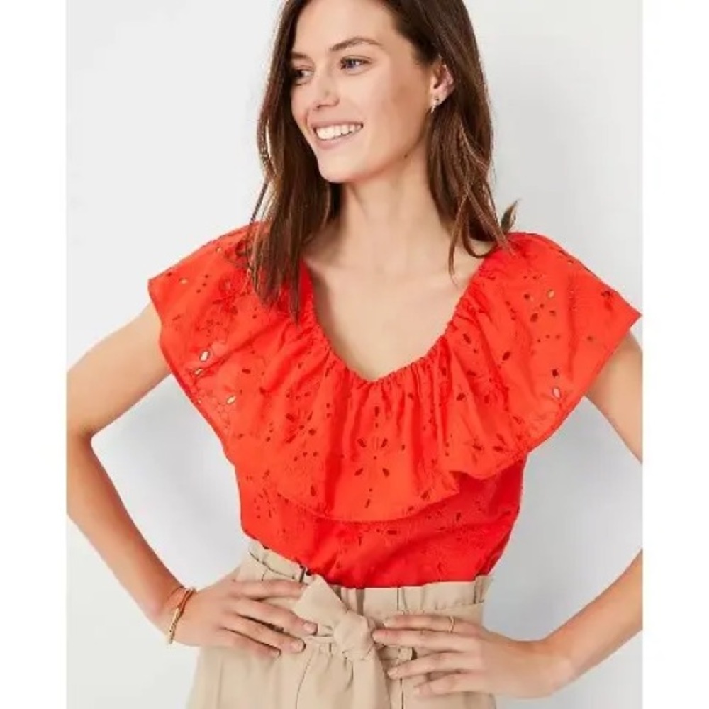 NWT Ann Taylor Bright Orange Eyelet Blouse Size XSP